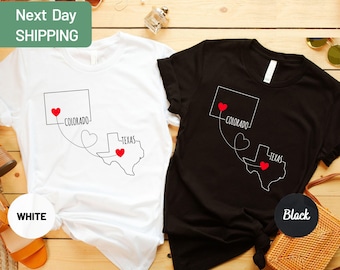 Camiseta personalizada para relaciones a distancia, camiseta personalizada de estado, camiseta a juego para mejores amigos, camisetas a juego para relaciones a distancia