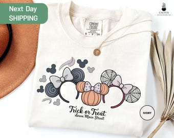 Disney Trick or Treat Coquette Bow Shirt,  Comfort Colors Minnie Pumpkin Coquette Tee, Disney Castle Girls Trip Halloween Tee