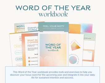 May include: A selection of workbooks, each with a pastel-colored cover, titled "Word of the Year Workbook." The covers display text like "Feel Your WOTY Exercises" and "What Should I Choose?" These workbooks are designed to help users find their focus word.