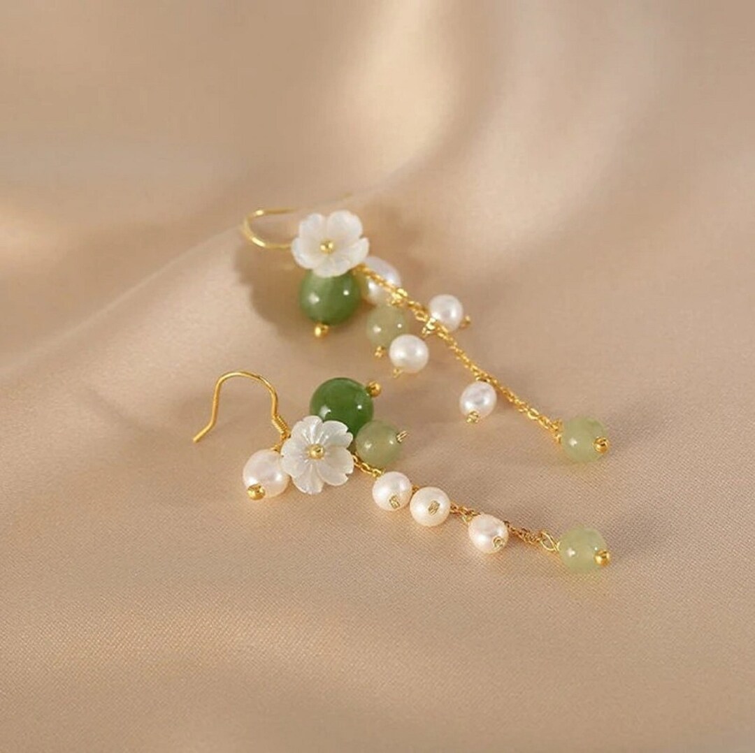 Fresh Water Pearl Jade Flower Shell Earrings Pear Tassel - Etsy