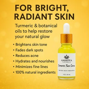 K&ouml;nnte beinhalten: Eine 30 ml Flasche mit Kurkuma-Gesichts-Serum mit goldenem Deckel und Etikett. Das Etikett lautet "AMMOYA NATURALS Turmeric Face Serum" und "Best from; nature; made with love". Die Flasche befindet sich auf einem gelben Hintergrund mit Text, der lautet "FOR BRIGHT, RADIANT SKIN Turmeric & botanical oils to help restore your natural glow &bull; Brightens skin tone &bull; Fades dark spots &bull; Reduces acne &bull; Hydrates and nourishes &bull; Minimizes fine lines &bull; 100% natural ingredients".