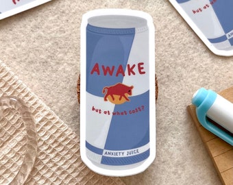 Red Bull Inspired - “Awake but at what cost?” Vinyl Sticker, Waterproof, Hydroflask, Laptop Decal