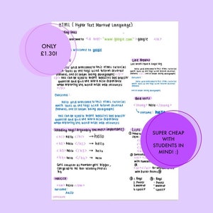 May include: A handwritten HTML tutorial on a white paper, with purple circles containing text. The tutorial covers topics like links, line breaks, bold text, and lists. The text includes the phrase "Super cheap with students in mind!"