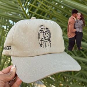 Line Art Portrait Embroidered with Roman Numerals Date on Dad Hat Couples Embroidery Dad Hat Couples Hat Gifts for Her Gifts for Him image 1