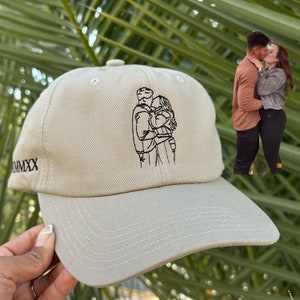 Line Art Portrait Embroidered with Roman Numerals Date on Dad Hat | Couples Embroidery Dad Hat | Couples Hat | Gifts for Her | Gifts for Him