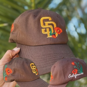 SD California Poppy Design Embroidered on Dad Hats Various Colors | San Diego Embroidery Hat | California Poppy Dad Hats