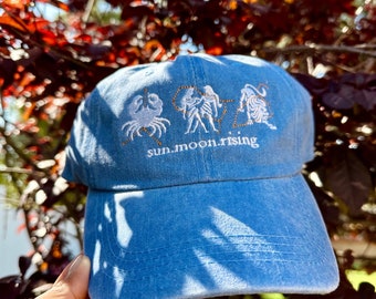 Sun Moon Rising Zodiaz Personalized Embroidered Dad Hat | Various Colors | Big 3 Zodiac Signs | Custom Dad Hats | Astrology Star Sign Gift