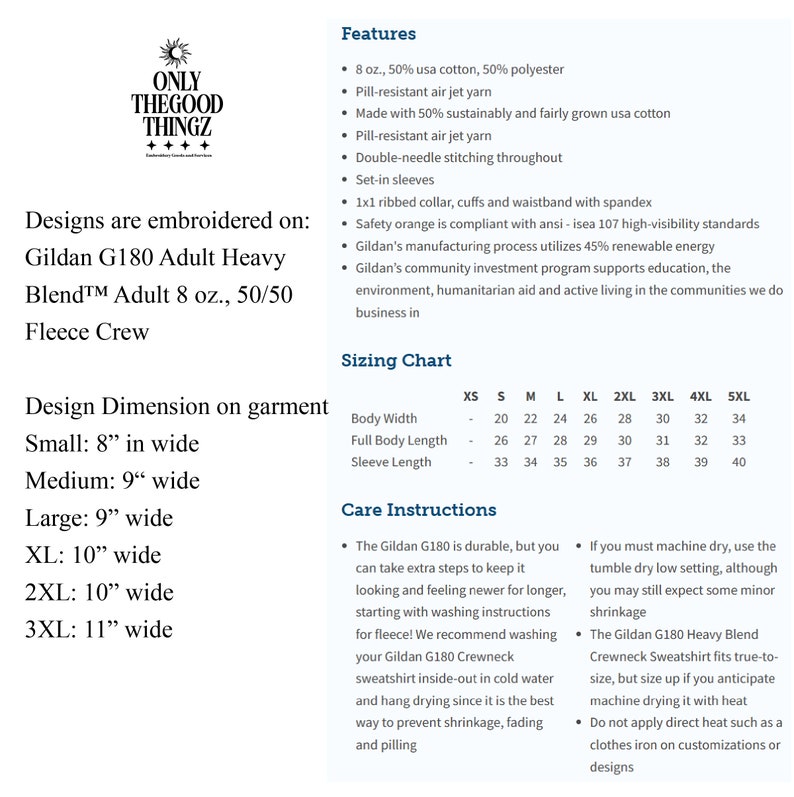 May include: Informational graphic with text detailing features, sizing, and care instructions for Gildan G180 Adult Heavy Blend Fleece Crew sweatshirts. Includes details on fabric, construction, and washing recommendations.