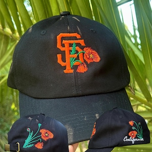 SF California Poppy Design Embroidered on Dad Hats Various Colors | San Francisco Giants Embroidery Hat | California Poppy Dad Hats