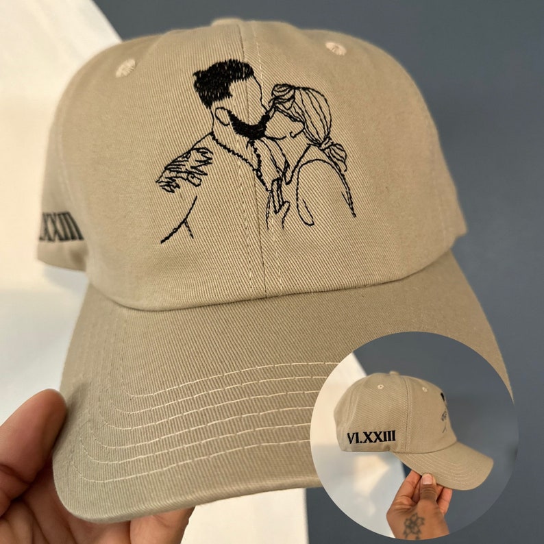 Line Art Portrait Embroidered with Roman Numerals Date on Dad Hat Couples Embroidery Dad Hat Couples Hat Gifts for Her Gifts for Him image 6