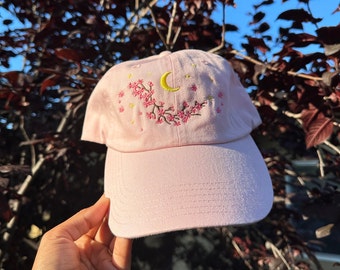 Sakura Blossom and Cresent Moon Embroidery Hat| Cherry Blossom and Cresent Moon Embroidery Hat | Various Colors | Anime Hats