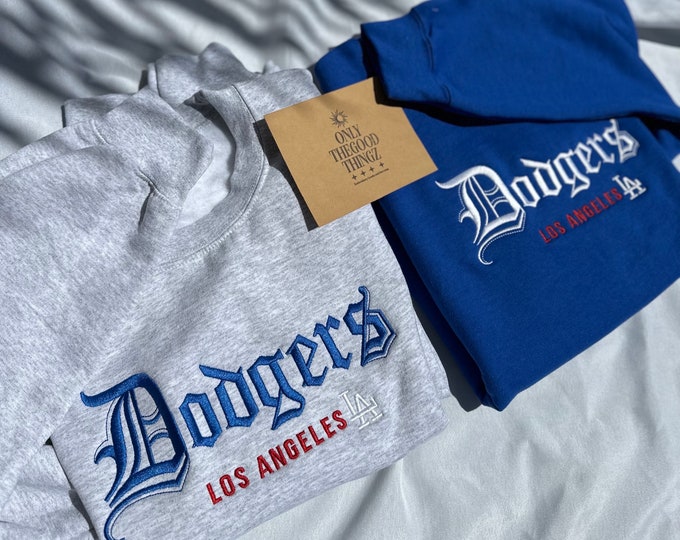 Embroidered Dodgers Crewneck: Old English LA Baseball Hoodie