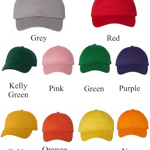 May include: A collection of ten baseball caps in various solid colors including grey, red, kelly green, pink, green, purple, gold, orange, yellow, and neon orange. Each cap features a rounded crown, a curved brim, and a structured front panel.