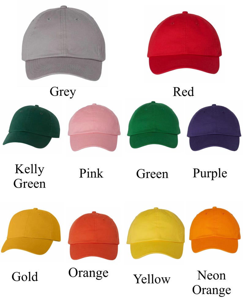 May include: A collection of ten baseball caps in various solid colors including grey, red, kelly green, pink, green, purple, gold, orange, yellow, and neon orange. Each cap features a rounded crown, a curved brim, and a structured front panel.