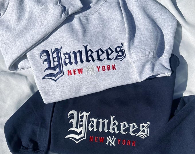 Embroidered Yankees Crewneck: Old English New York Baseball Hoodie