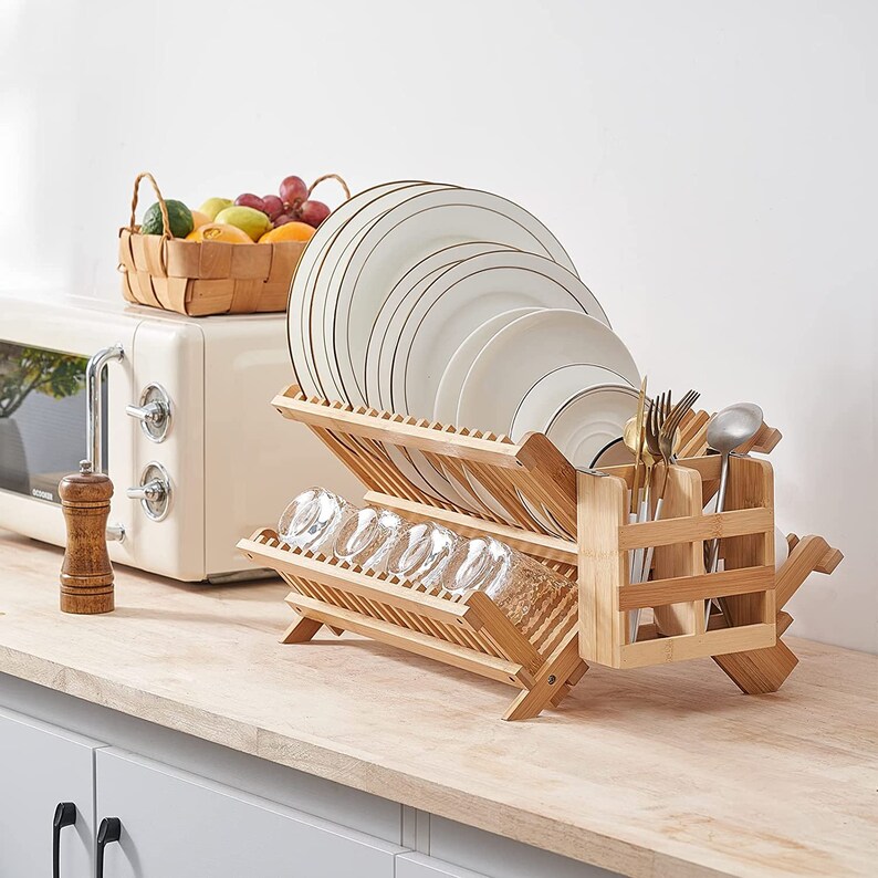 Bamboo Dish Drying Rack With Utensil Holder Widening Bamboo Etsy