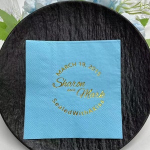Customized Wedding Napkins, Sealed With A Kiss Napkin, Beverage Cocktail Napkin, Gold Foil Monogram, Birthday Party, Anniversary Napkin