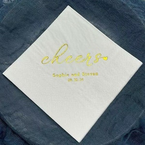 Gold Foil Napkins Personalized  Cheers Wedding Napkins, Custom Gold Foil Love Napkins, Beverage & Cocktail Napkins, Engagement Napkins