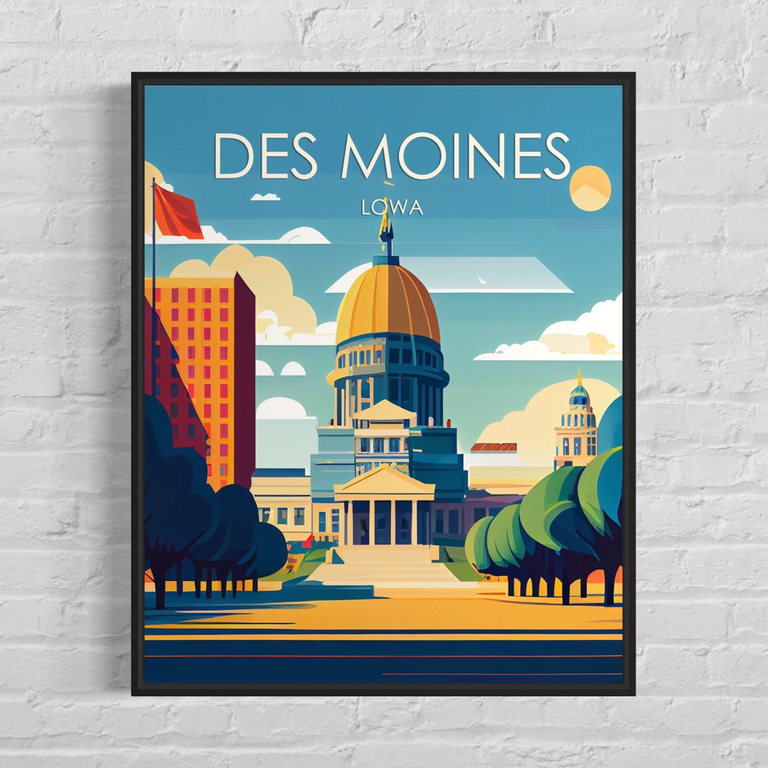 Des Moines Iowa Retro Art Print, Des Moines Wall Art Illustration, Des