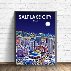 Salt Lake City Art Poster Utah Sunset Landscape Poster Print, Salt Lake City Framed Wall Canvas Art Colorful Skyline Sketch Photo