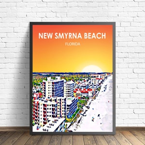 New Smyrna Beach FL Kunstplakat Florida Sonnenuntergang Landschaft Poster Druck, New Smyrna Beach City Wand Leinwand Kunst Bunte Skyline Skizze Foto