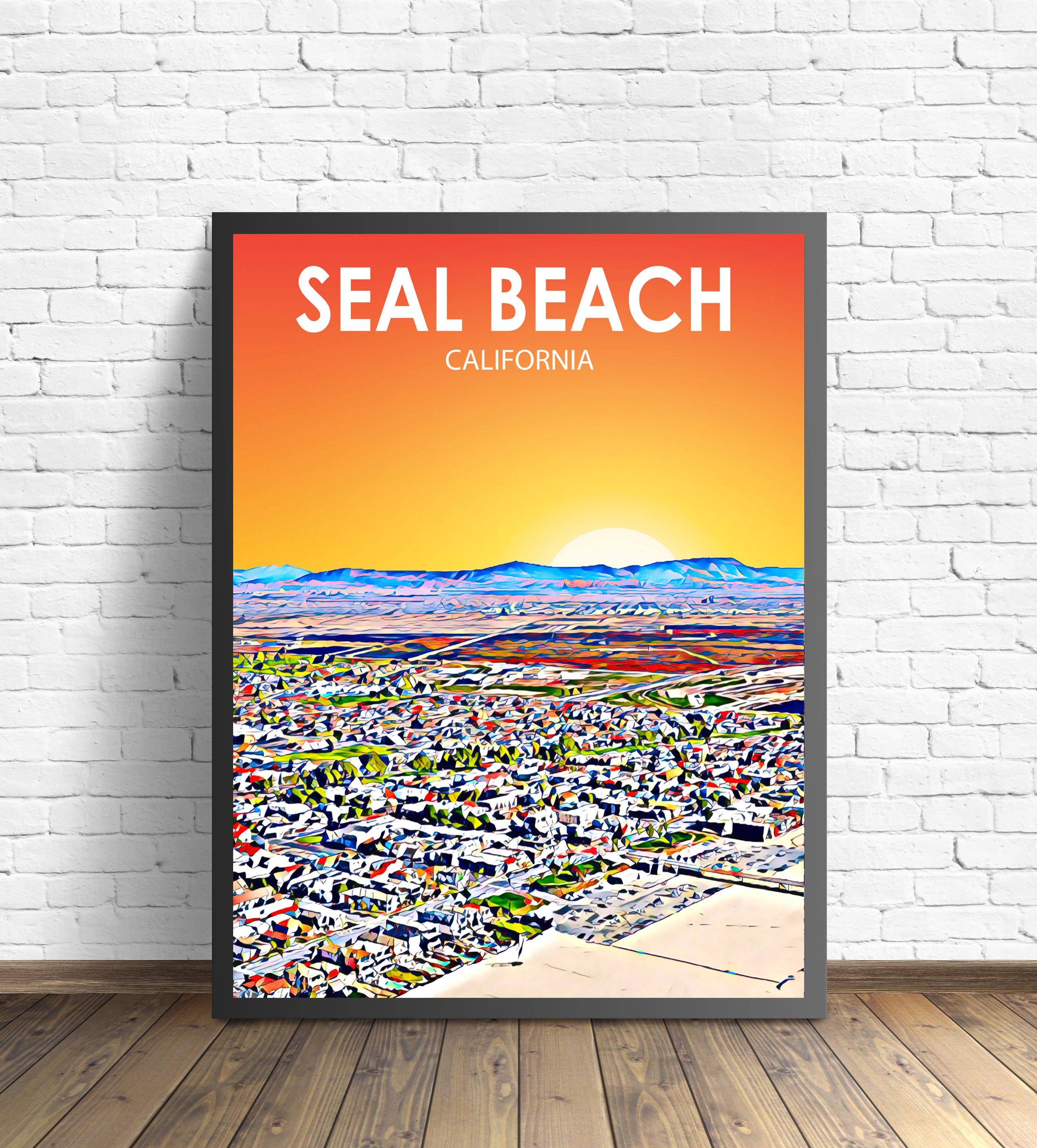 Seal Beach CA Art Poster, California Sunset Landscape Poster Print, Seal Beach City Framed Wall Canvas Art Colorful Skyline Sketch Photo