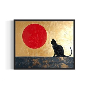 Cat Art Print, Red And Gold Wall Art Decoration Artwork