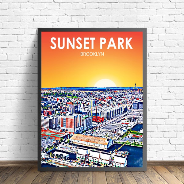 Sunset Park Brooklyn Sunset Landscape Poster Print, Sunset Park City Wall Canvas Art Colorful Skyline Sketch Photo