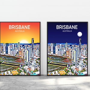 Brisbane Australia Art Poster Sunset / Night Poster Art Print, Brisbane City Framed Modern Wall art, Colorful Skyline Canvas Sketch