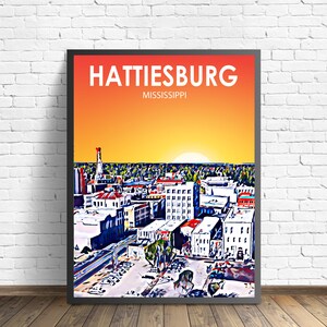 Hattiesburg MI Art Poster, Mississippi Sunset Landscape Poster Print, Hattiesburg Wall Art United States Colorful Skyline Sketch Photo