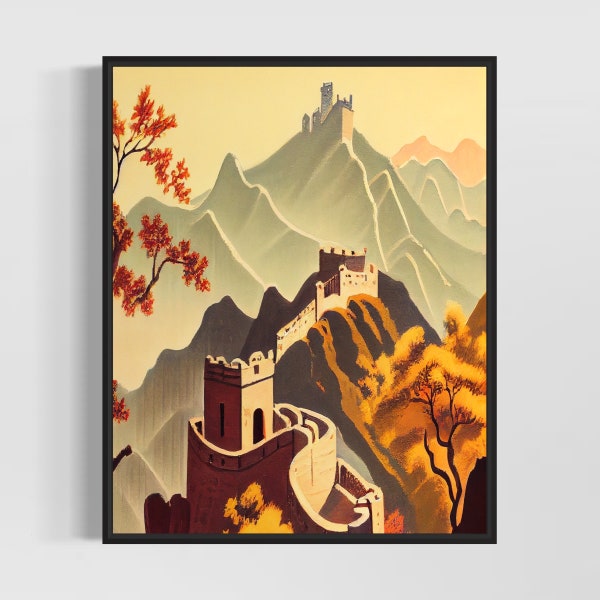 Great Wall of China Reef Retro Art Print, Great Wall of China Wall Art Illustration, Great Wall of China Vintage Minimal Design Poster