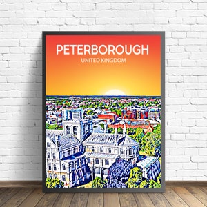 Póster artístico de Peterborough, Reino Unido, impresión artística con puesta de sol o noche, arte de pared moderno enmarcado de la ciudad de Peterborough, boceto fotográfico en lienzo con el horizonte colorido