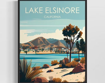 Lake Elsinore California Retro Art Print, Lake Elsinore Art Illustration, Lake Elsinore Vintage Minimal Design Poster