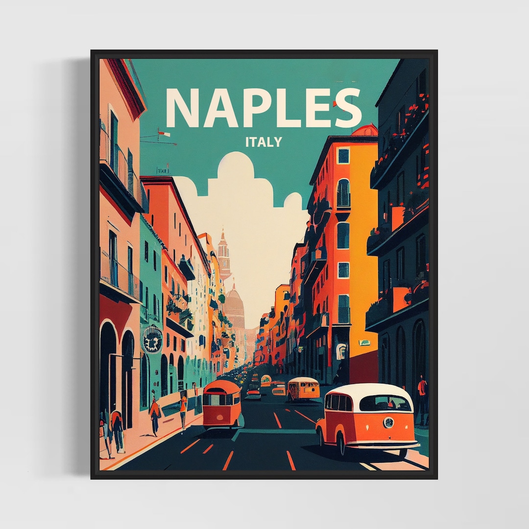 Impression d'art rétro de Naples Italie, illustration d'art mural de