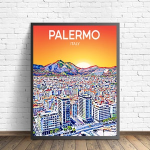 Affiche d'art de Palerme, Italie, coucher de soleil / nuit, impression d'art, art mural moderne de la ville de Palerme, croquis photo coloré sur toile, cadeau