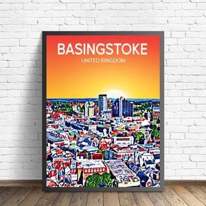 Póster artístico de Basingstoke, Reino Unido, impresión artística con puesta de sol o póster nocturno, arte de pared moderno enmarcado de la ciudad de Basingstoke, lienzo con horizonte colorido