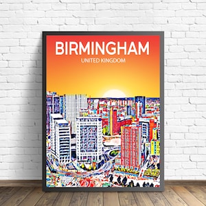 Birmingham UK Art Poster Sunset / Night Poster Art Print, Birmingham City Framed Modern Wall Art, Esboço em tela de horizonte colorido