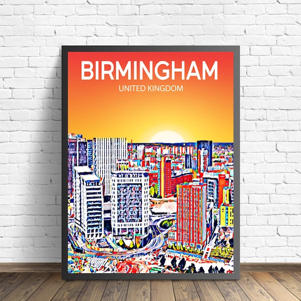 Birmingham UK Art Poster Sunset / Night Poster Art Print, Birmingham City Framed Modern Wall art, Colorful Skyline Canvas Sketch