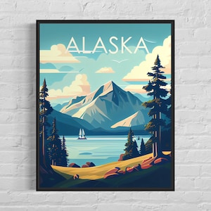 Alaska retro kunstafdruk, Alaska kunst illustratie, Alaska vintage minimalistisch design poster