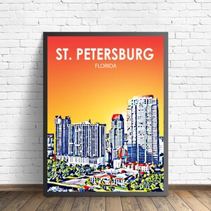 St. Petersburg FL art poster, Florida zonsondergang landschap poster print, St. Petersburg stad muur canvas kunst kleurrijke skyline schets foto