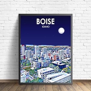 Boise ID Art Poster, Idaho Sunset / Night Landscape Poster Print, Boise City Framed Wall Art United States, Colorful Skyline Sketch