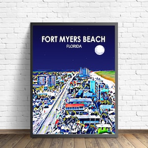 Póster artístico de Fort Myers Beach, Florida, impresión de póster de paisaje al atardecer, arte de pared de la ciudad de Fort Myers Beach, boceto de horizonte colorido