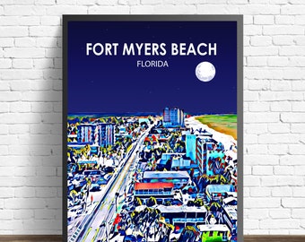 Fort Myers Beach, Florida Art Poster Sunset Landscape Poster Print, Fort Myers Beach City Wall Art Colorful Skyline Sketch Photo