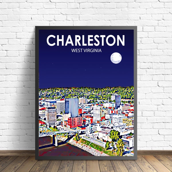 Charleston West Virginia Art Poster Sunset / Night Landscape Poster Print, Charleston City Framed Wall Art Skyline Sketch