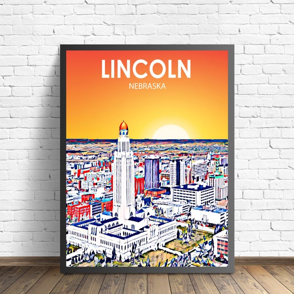 Lincoln Art Poster Nebraska Sonnenuntergang Landschaft Plakat-Druck, Lincoln City Wand Leinwand Kunst Bunte Skyline Skizze Foto