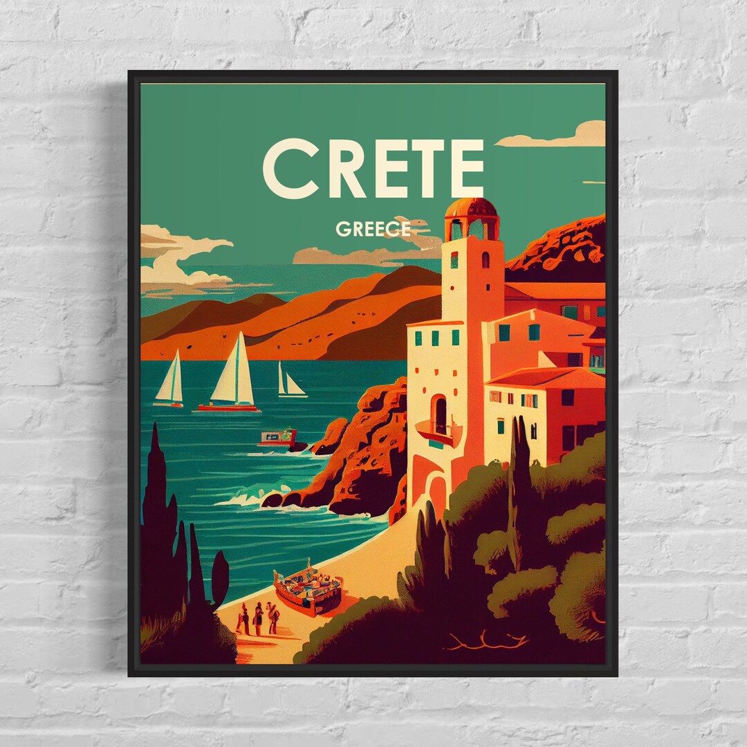 Crete Greece Retro Art Print, Crete Greece Wall Art Illustration, Crete