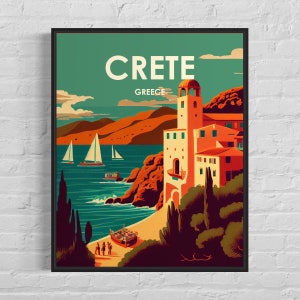 Stampa artistica retrò di Creta Grecia, illustrazione artistica da parete di Creta Grecia, poster dal design minimalista vintage di Creta Grecia
