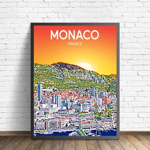 Monaco Europe Art Poster Sunset / Night Poster Art Print, Monaco City Framed Modern Wall art, Colorful Skyline Canvas Sketch Gift