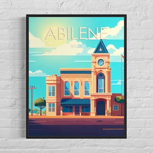 Impression d'art rétro d'Abilene au Texas, illustration d'art mural d'Abilene, affiche vintage de conception minimale d'Abilene