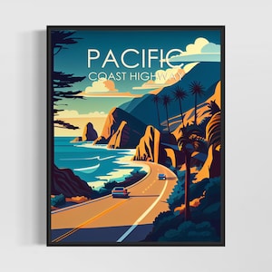 Pazifischer Küstenstraße Retro Kunstdruck, Pazifikküste Hwy Kunst Illustration, Pazifikküste Ca Vintage Minimal Design Poster